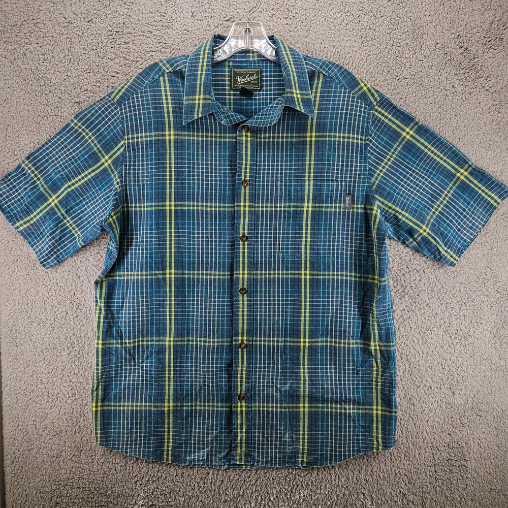 Woolrich Mens Large Blue Yellow Plaid Short Sleeve Button Down Shirt Pocket L